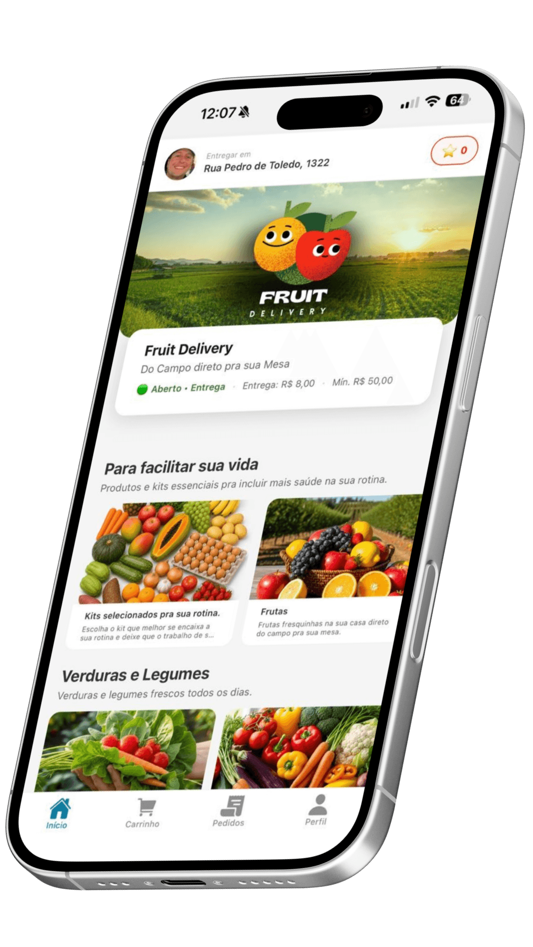Mockup de celular com o aplicativo Fruit Delivery aberto